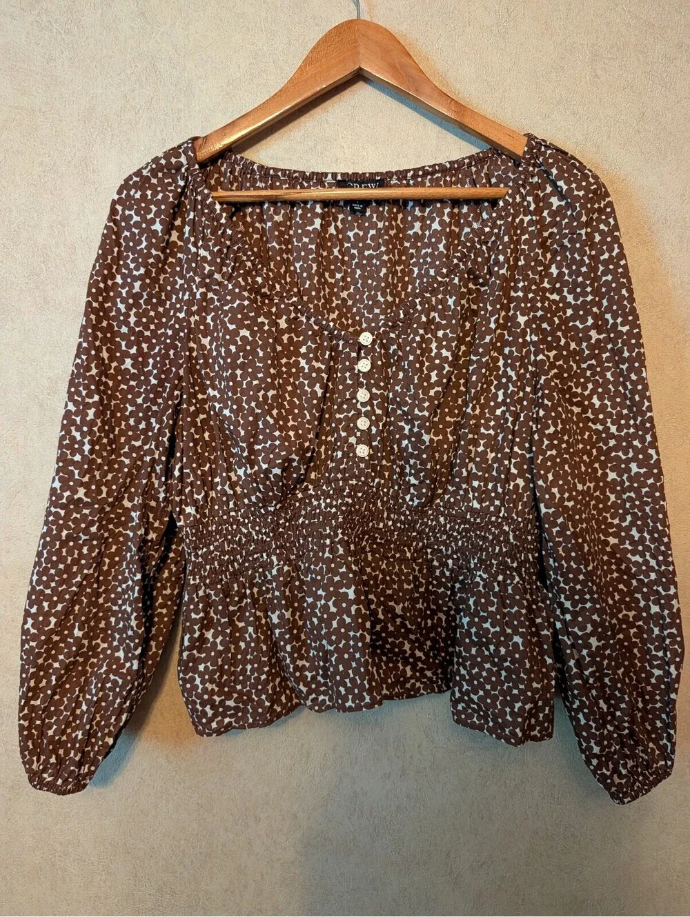 J CREW brown cream floral long sleeve blouse sz S